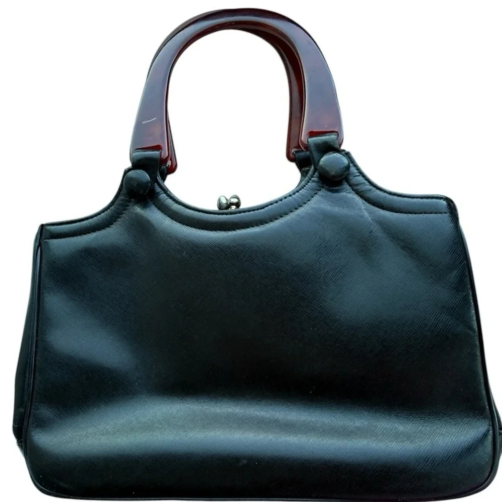 Vintage Dofan Black Leather Kiss Lock Purse‎ Tortoiseshell Lucite Top Handle Bag